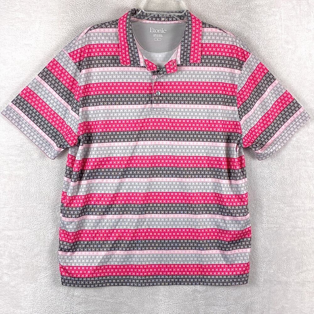 Etonic Polo Shirt Mens L Pink Gray Striped Geometric Performance Golf Preppy